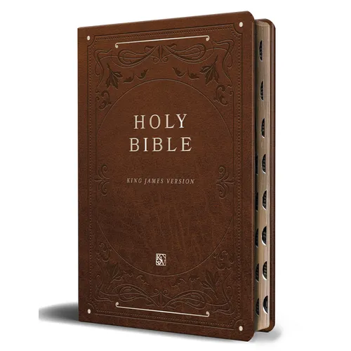 KJV Holy Bible, Giant Print Thinline Large Format, Brown Premium Imitation Leather with Ribbon Marker, Red Letter, and Thumb Index