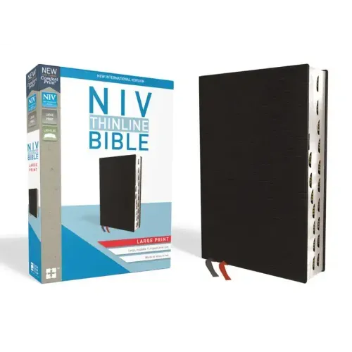 NIV, Thinline Bible, Large Print, Bonded Leather, Black, Indexed, Red Letter Edition
