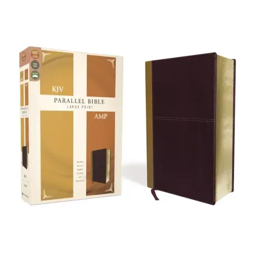 KJV, Amplified, Parallel Bible, Large Print, Leathersoft, Tan/Burgundy, Red Letter Edition: Two Bible Versions Together for Study and Comparison