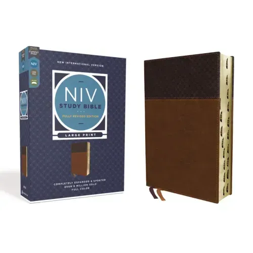 NIV Study Bible, Fully Revised Edition, Large Print, Leathersoft, Brown, Red Letter, Thumb Indexed, Comfort Print